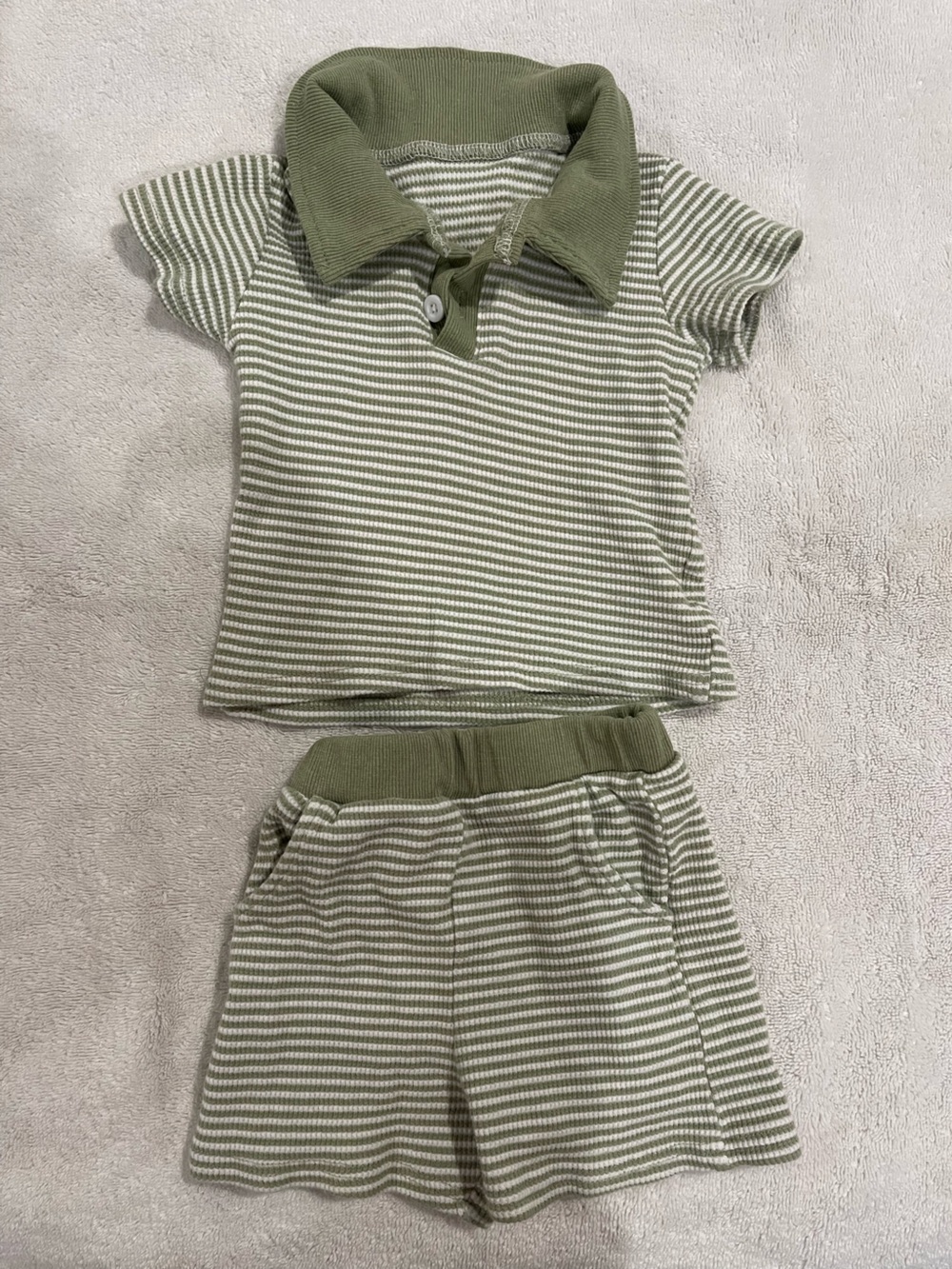 Striped Green collared shirt and shorts waffle ribbed Short Sleeve Top & Short